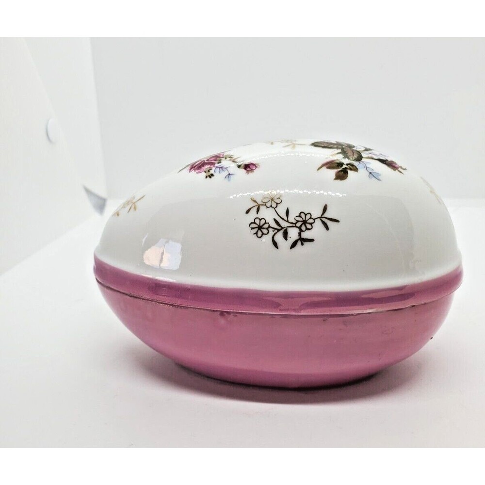 Vintage Norleans Porcelain Egg Trinket Dish Floral Gold Gilt Lidded Box Japan